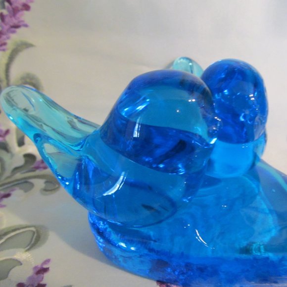 Vtg Blue Glass Double Bluebird of Happiness Bluebirds on Heart Leo Ward 1991 - Picture 6 of 16